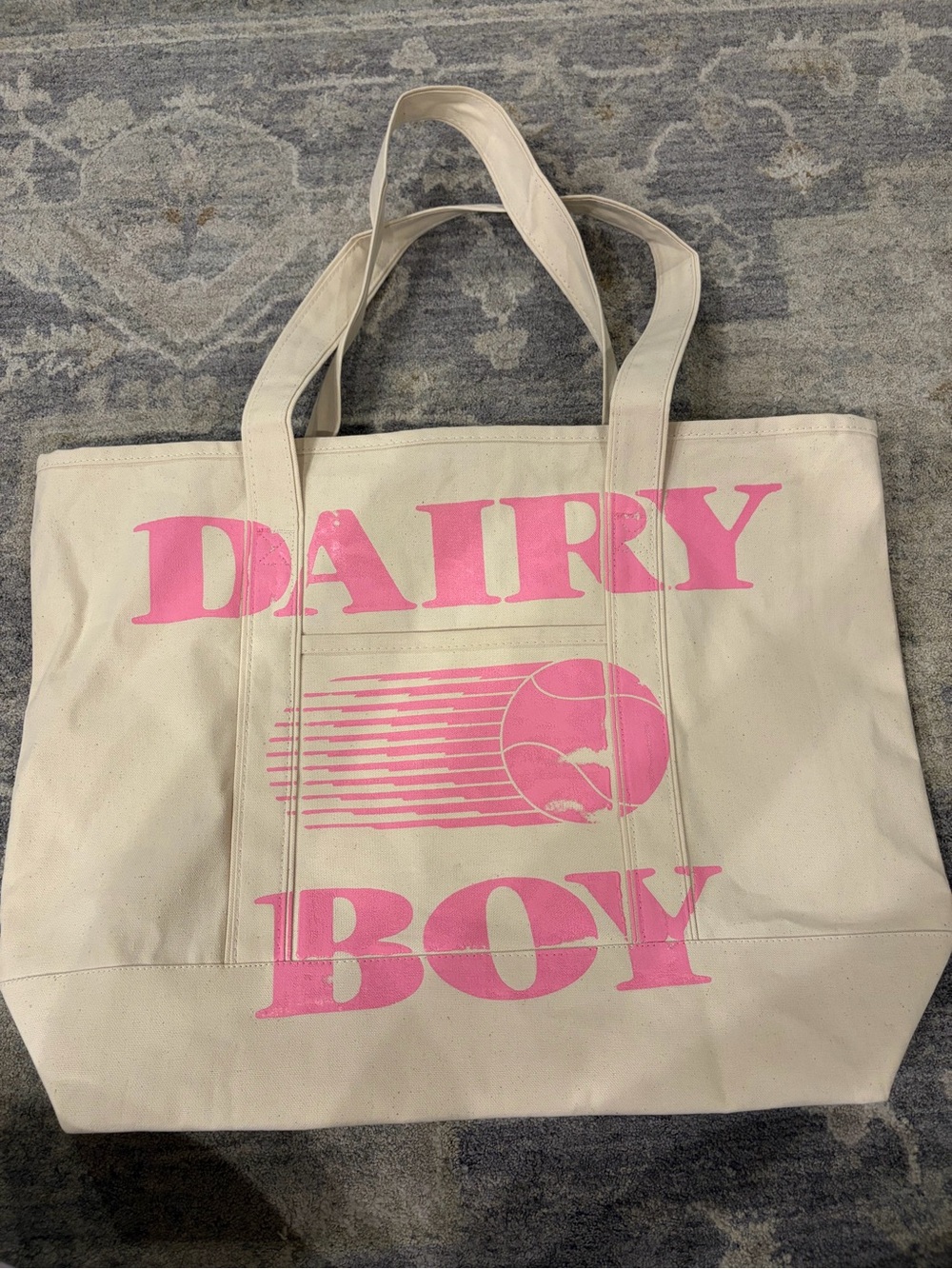 Dairy Boy Cream Canvas Tote with Pink Tennis Logo